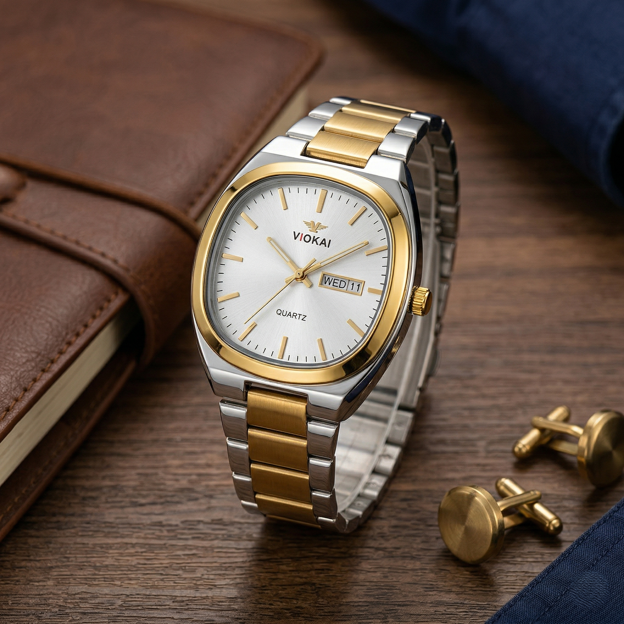 Premium Two-Tone Quartz Watch – White Dial with Gold Details