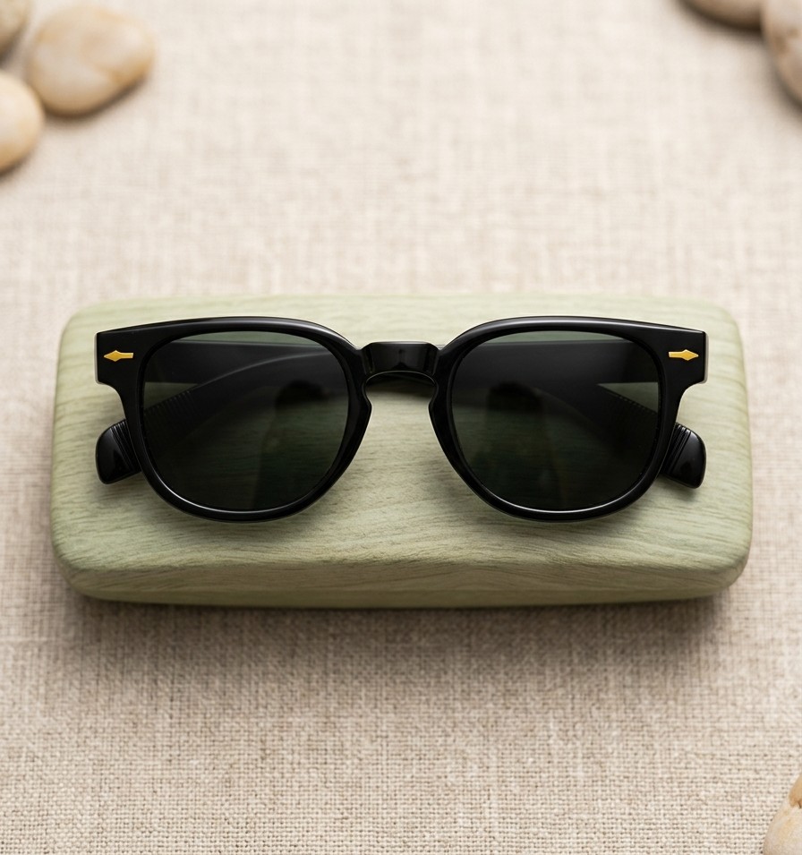 Premium Black Square Frame Sunglasses with Gold Accents